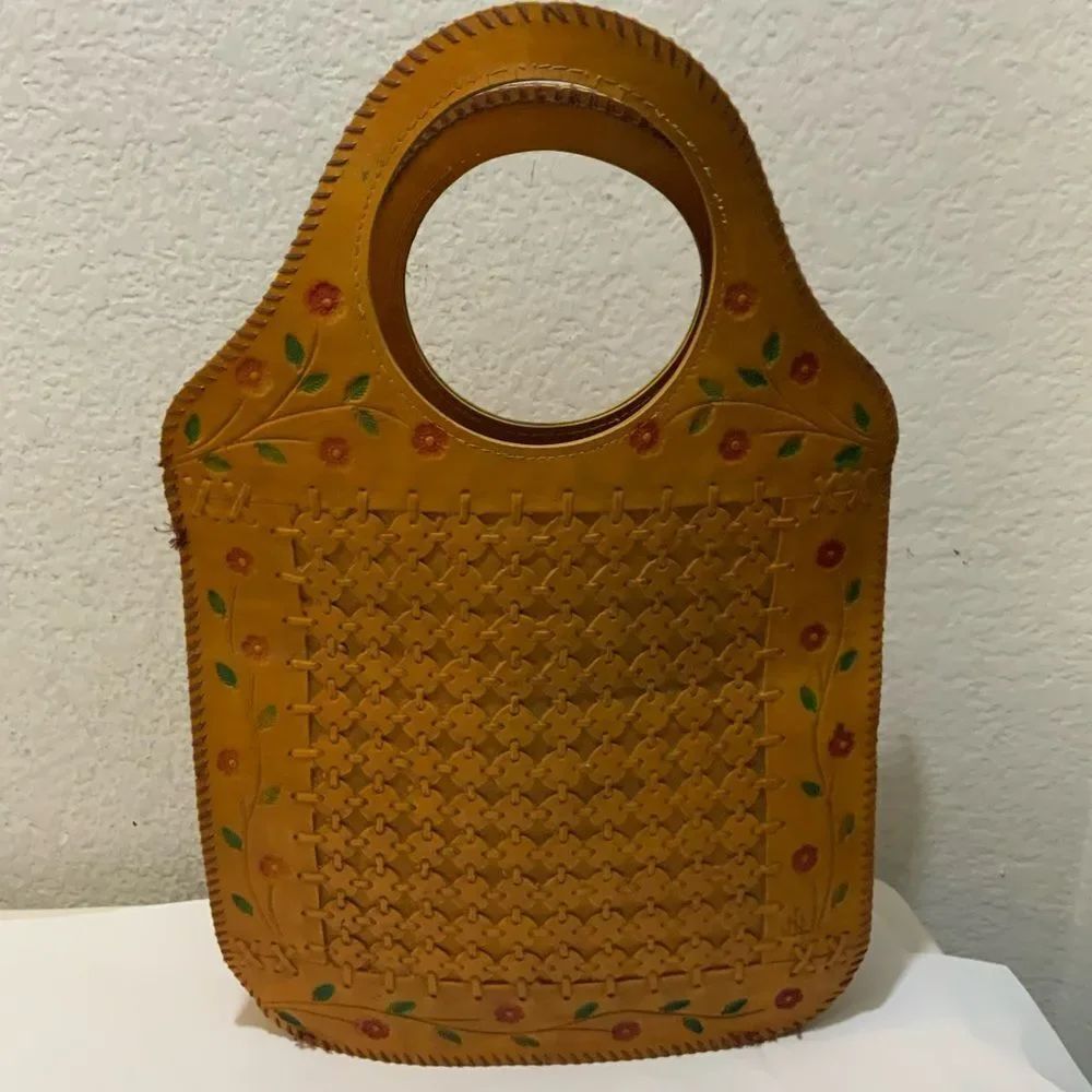Vintage  Leather Brown beige Handbag engraved florals
